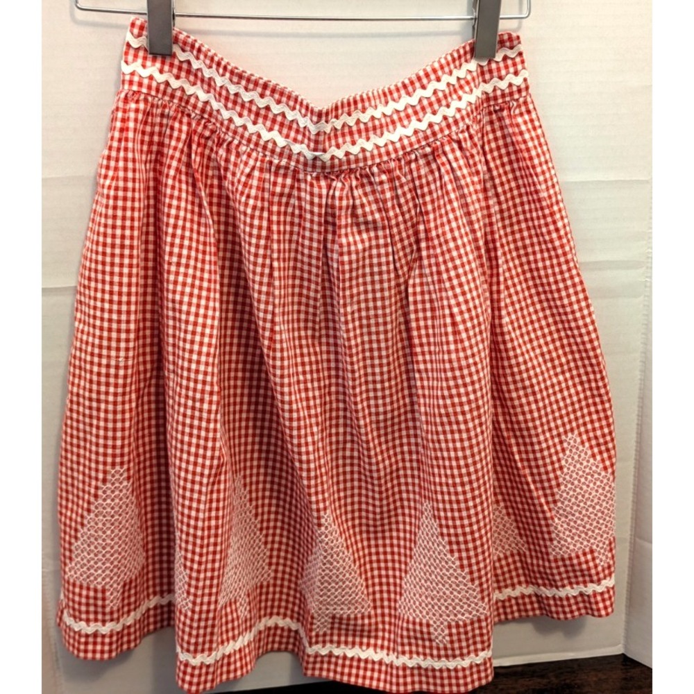 Vintage Red Gingham Hostess Half Apron Cross Stitch Christmas Trees Rickrack